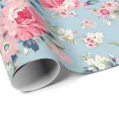 コテージピンクローゼオンブルーバックグラウンド ラッピングペーパー (ロールコーナー)