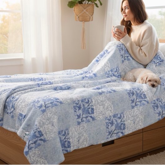 コテージフランスのキルテッドパターンブルーフローラ フリースブランケット