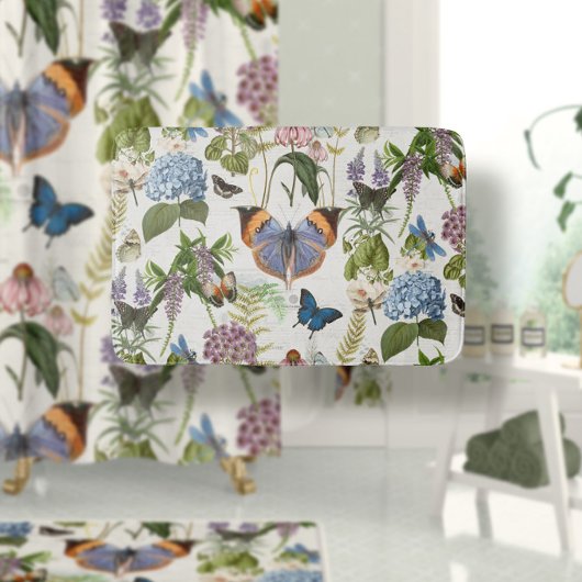 コテージフローラアイボリー植物蝶ヴィンテージ バスマット