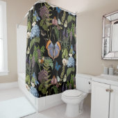 コテージフローラブラックボタニカルバタフライヴィンテージ シャワーカーテン