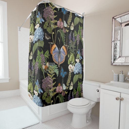 コテージフローラブラックボタニカルバタフライヴィンテージ シャワーカーテン (インサイチュ)