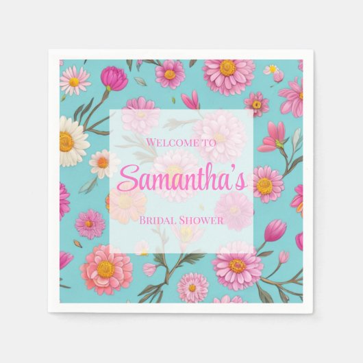 コテージフローラ白デイジーピンク色の花 スタンダードカクテルナプキン (正面)