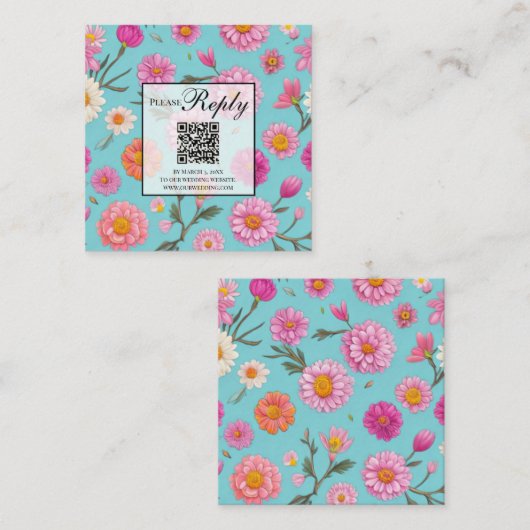 コテージフローラ白デイジーピンク花QRコード エンクロージャーカード (正面/裏面)