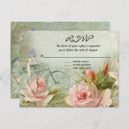 コテージフローラ自転車バラヴィンテージウッドRSVP 出欠カード (正面/裏面)