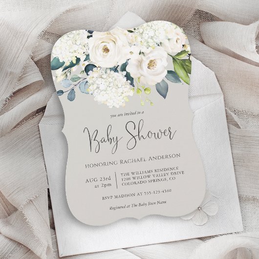 コテージホワイトフローラベビーシャワー 招待状
