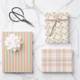 コテージローズ、タータン、ストライプのセット（深いピンク） ラッピングペーパーシート