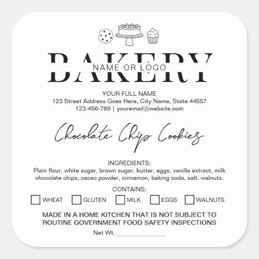 コテージローラベルホームベーカリーミニマリストステッカー スクエアシール (正面)