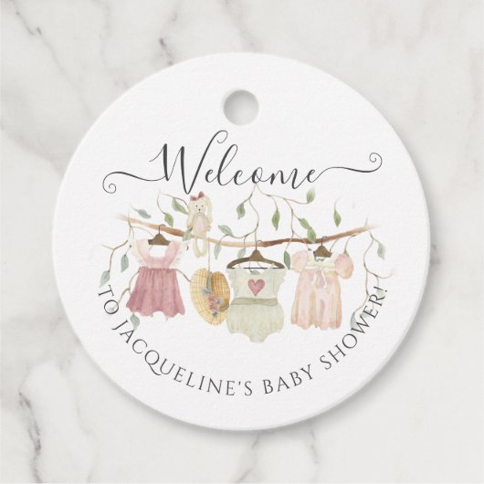コテージ服ピンクドレスガールベビーシャワー フェイバータグ (正面)