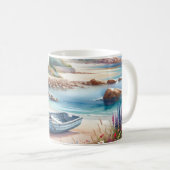 コテージ沿いの海岸のボートと花々 コーヒーマグカップ (正面右)