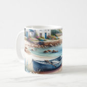 コテージ沿いの海岸のボートと花々 コーヒーマグカップ (正面左)