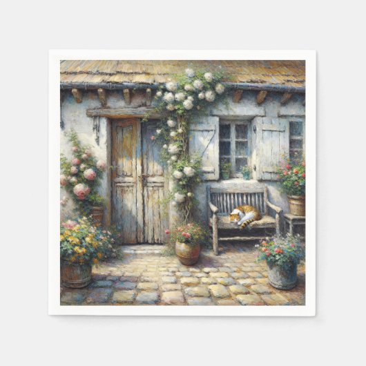 コテージ猫の木製ベンチ スタンダードカクテルナプキン (正面)