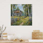 コテージ素朴に囲まれた樺の木の木 ポスター (キッチン)