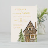 コテージ素朴キャビンウィンターホリデー結婚ズ 箔招待状 (立ち正面)