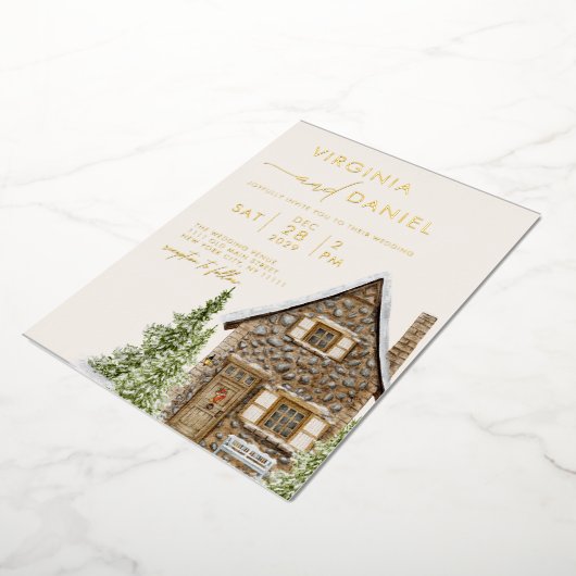 コテージ素朴キャビンウィンターホリデー結婚ズ 箔招待状 (回転した状態)
