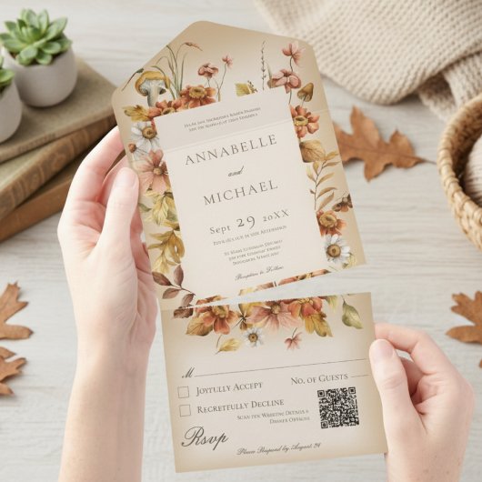 コテージ素朴コア秋ワイルドフラワータンQRコード オールインワン招待状