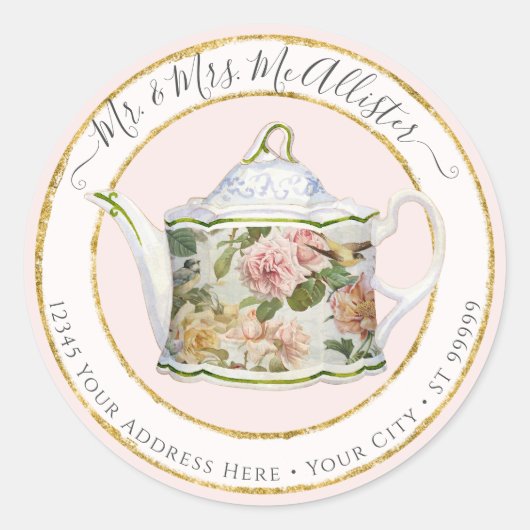 コテージ茶パーティー植物性フローラ水彩鳥 ラウンドシール (正面)