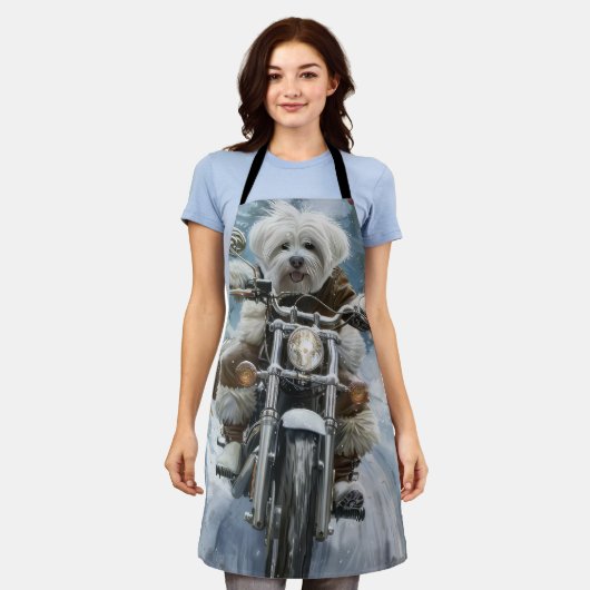 コトンデチュラードッグライディングオートバイクリスマス エプロン (着用した状態)