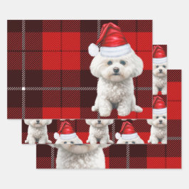 コトンドゥチュリードッグホリデーレッドプレイドクリスマス ラッピングペーパーシート