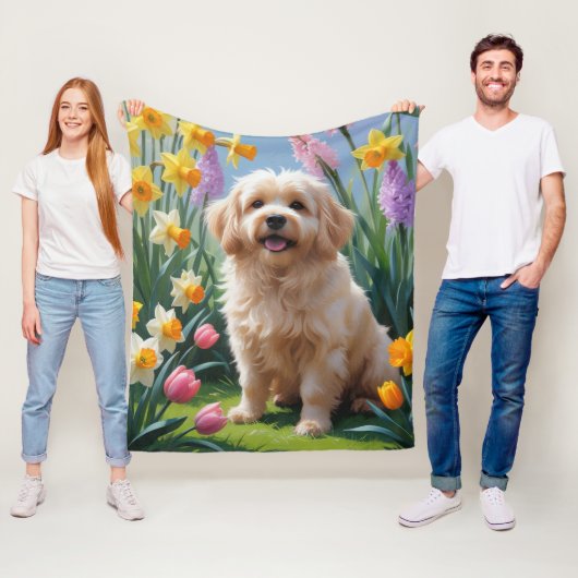 コトン・ド・テュレアの犬の春の花の絵画 フリースブランケット (インサイチュ)