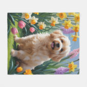 コトン・ド・テュレアの犬の春の花の絵画 フリースブランケット (正面(横))