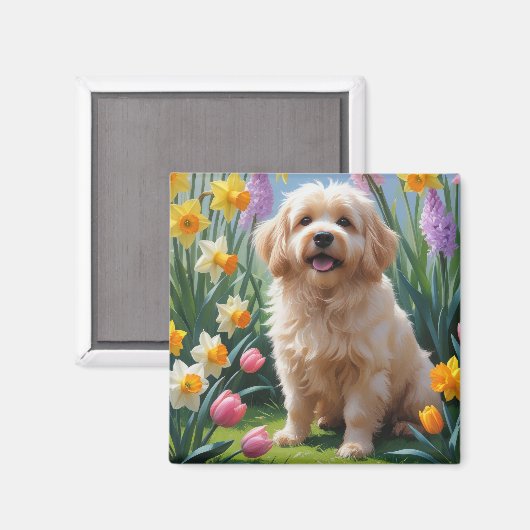 コトン・ド・テュレア 犬 春の花の絵画 マグネット (正面/裏面)