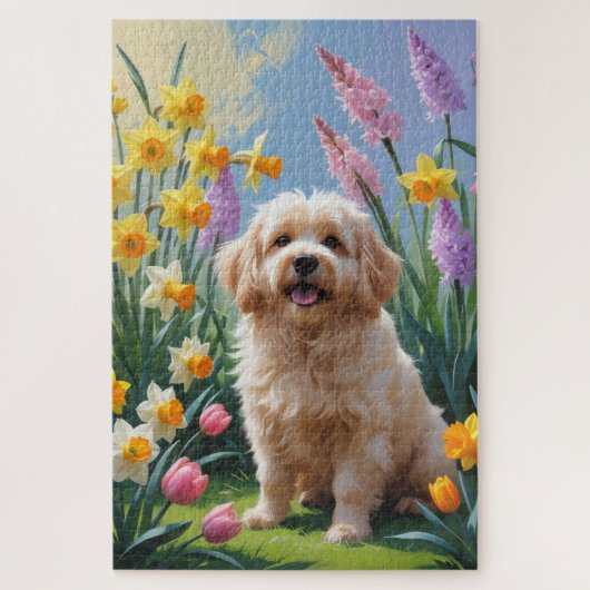 コトン・ド・テュレア 犬 春の花の絵 ジグソーパズル (縦)
