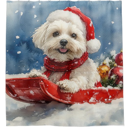 コトン・ド・トラーそりを雪のクリスマスに入れる シャワーカーテン (正面)