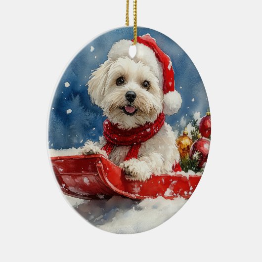 コトン・ド・トラーそりを雪のクリスマスに入れる セラミックオーナメント (右)