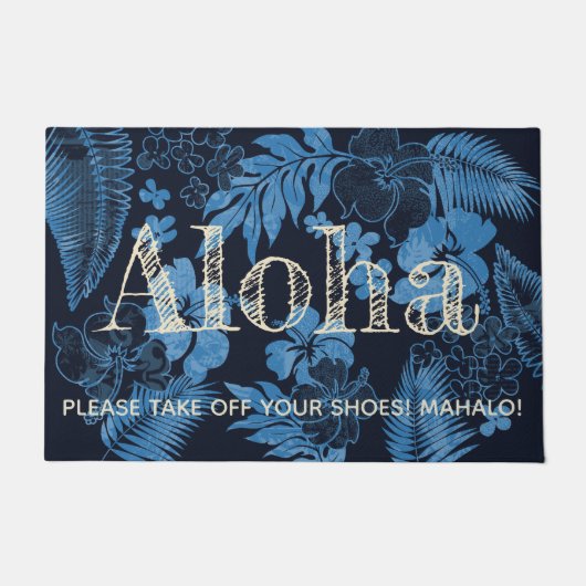 コナタイムズハイビスカスハワイアンアロハネイビー ドアマット (正面)