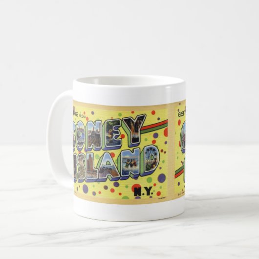 コニーアイランドのヴィンテージの郵便はがきのマグからの挨拶 コーヒーマグカップ (正面左)