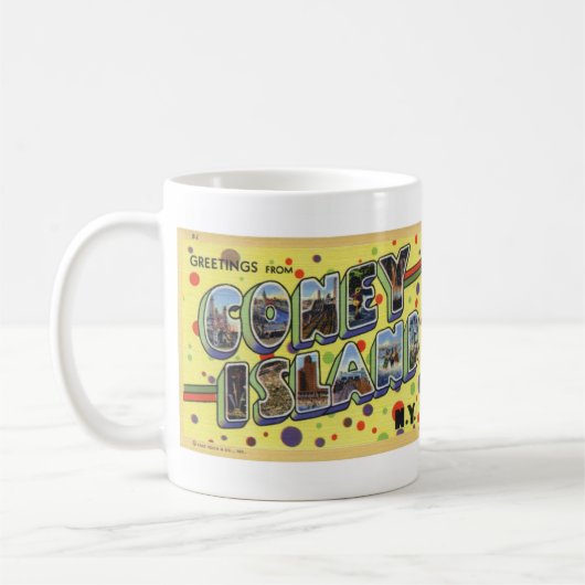 コニーアイランドのヴィンテージの郵便はがきのマグからの挨拶 コーヒーマグカップ (左)