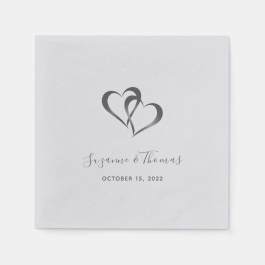 コネクテッドパーソナライズされたハートシルバーグレーナプキンス スタンダードカクテルナプキン (正面)