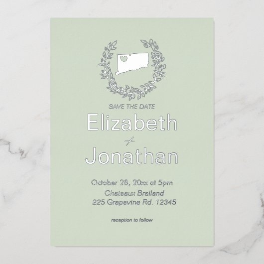 コネチカットの地図シンプル目的地の結婚式 箔招待状 (正面)