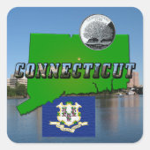 コネチカットの地図、文字フェイク、四半期、旗の景色 スクエアシール (正面)