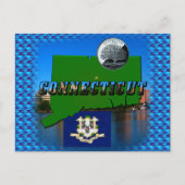 コネチカットの地図、文字フェイク、四半期、旗の景色 ポストカード (正面)