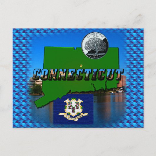 コネチカットの地図、文字フェイク、四半期、旗の景色 ポストカード (正面)