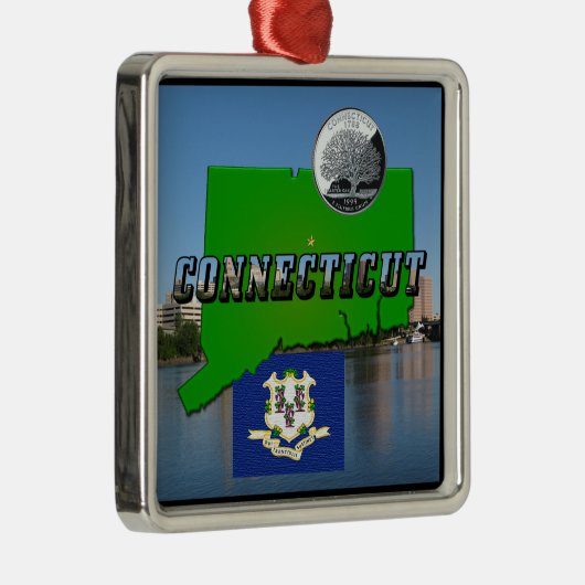 コネチカットの地図、文字フェイク、四半期、旗の景色 メタルオーナメント (右)