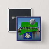 コネチカットの地図、文字フェイク、四半期、旗の景色 缶バッジ (正面&裏面)