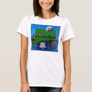 コネチカットの地図、文字フェイク、四半期、旗の景色 Tシャツ