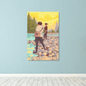 コネチカット女性フライフィッシングシーン キャンバスプリント (インサイチュ (ウッドフロア))