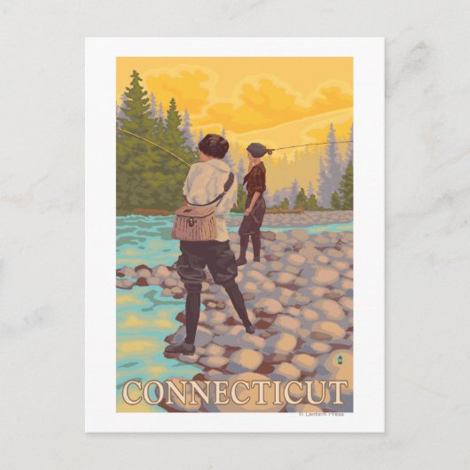 コネチカット女性フライフィッシングシーン ポストカード (正面)