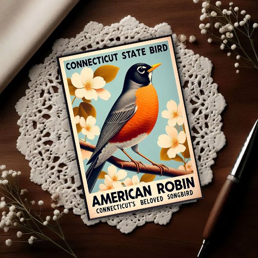 コネチカット州の鳥 - アメリカコマツグミ ビンテージ ポストカード