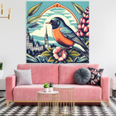 コネチカット州アメリカンロビンと州フラワーアート キャンバスプリント (インサイチュ (リビング))