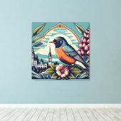 コネチカット州アメリカンロビンと州フラワーアート キャンバスプリント (インサイチュ (ウッドフロア))