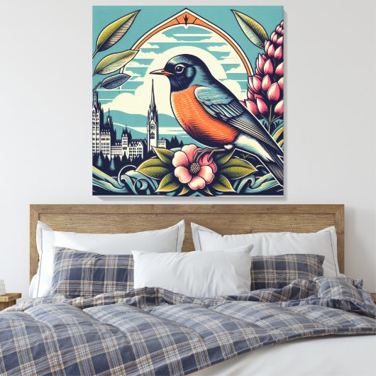 コネチカット州アメリカンロビンと州フラワーアート キャンバスプリント (インサイチュ (寝室))