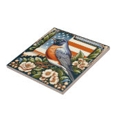 コネチカット州アメリカンロビンと州フラワーブルー タイル (側面)