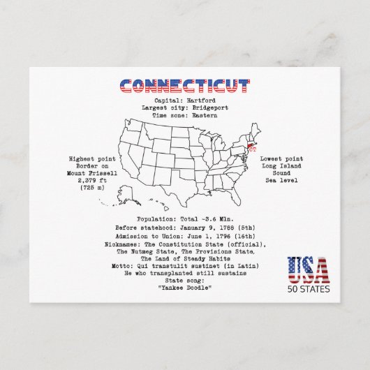 コネチカット州アメリカ州の地図と詳細 シーズンポストカード (正面)