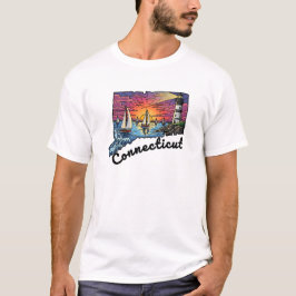 コネチカット州タトゥースタイルの灯台と夕焼け Tシャツ