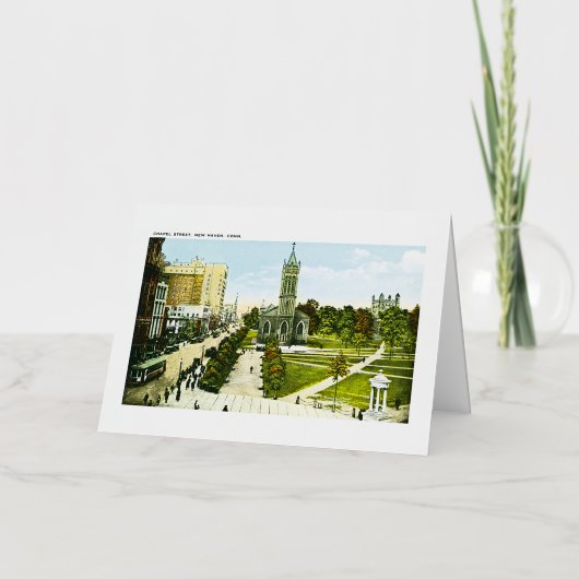 コネチカット州ニューヘブンのチャペル通り 箔グリーティングカード (正面)