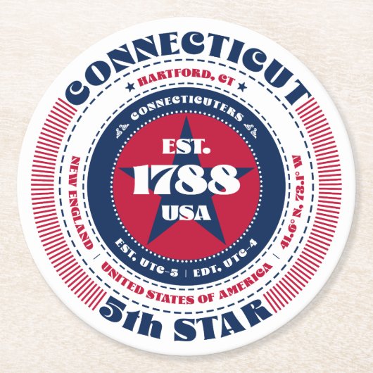 コネチカット赤白青タイポグラフィ ラウンドペーパーコースター (正面)